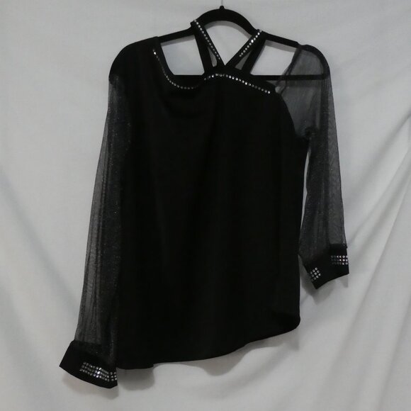SHEIN - Curve | 1XL | Black Shiny Rhinestone Mesh Sleeve Top | Cold Shoulder - Picture 2 of 15